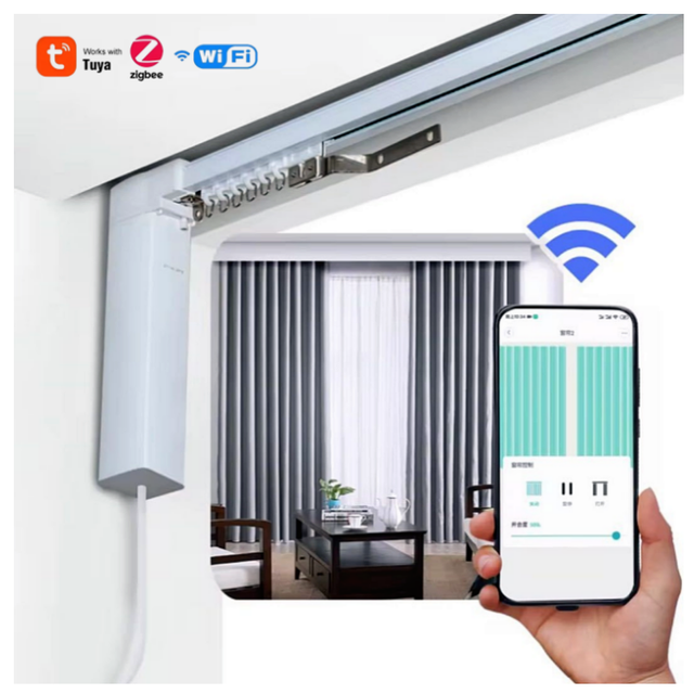 Smart Life App Control Zigbee Tuya Electric Curtains System , Lithium Battery Curtain Motor for Villa Hotel Living Room Blinds