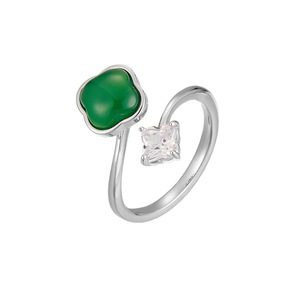 Green Agate Four Leaf Clover Open Ring Women Adjustable Index Finger Retro Chinese Style Jewelry Party Accessory - Product Image 5