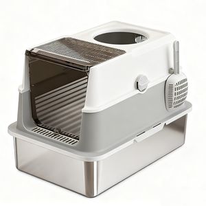 Caja de arena extra grande de acero inoxidable para gatos, bandeja elevada semicerrada a prueba de olores con salida superior, accesorio de inodoro a prueba de salpicaduras - Product Image 1