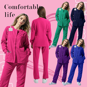 Women Hospital Scrub Suit Long Sleeve Two Piece Moisture Wicking Uniform For Nurse Dental Workwear Autumn Winter Wear - Product Image 1