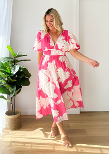 <span class=keywords><strong>Abito</strong></span> Lungo Casual da Donna con Scollo a V, Maniche Corte a Sbuffo, Stampa Fantasia, Vita Alta e Gonna Svasata, Taglie Forti - Product Image 2