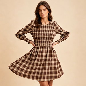 Abito Mini a Quadri Marrone Personalizzato per <span class=keywords><strong>Donna</strong></span>, Maniche Lunghe, Corpetto Arricciato, Stile Vintage, Elegante e Casual - Product Image 3