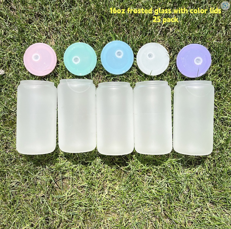 clear - 16oz frosted glass with color lids /25pcs