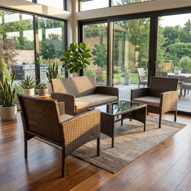 High Back Metal Patio Furniture Set 4 Pieces Rattan Bench Comfortable Wicker Garden Furniture Sturdy Frame Porch Seating