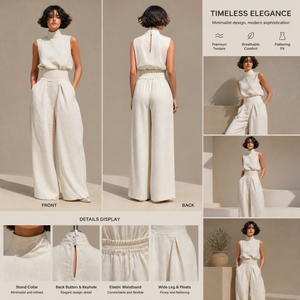 Completo Due Pezzi <span class=keywords><strong>da</strong></span> Donna: Top Senza Maniche con Collo Alto e Pantaloni a Vita Alta a Gamba Larga, Effetto Lino, Elegante Tuta Casual Estate-Autunno 2026 - Product Image 2