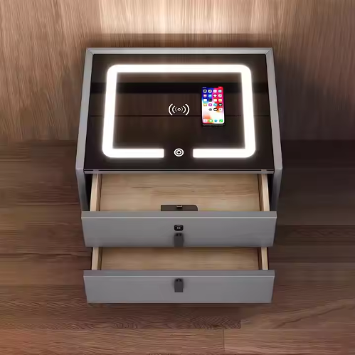 Smart USB Wireless Charger Speaker with Fingerprint Lock Bedside Table Nightstand Featuring LED Light for Bedroom Living Room