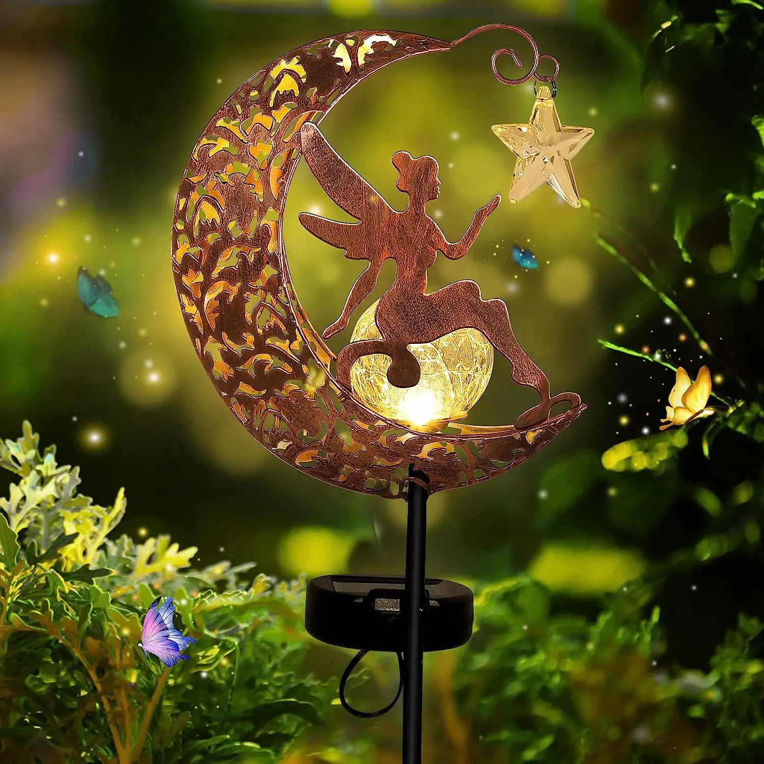 Luci solari decorazioni da giardino per esterni sole luna stella palo luce p Led solare a forma di luna fata Figurine luci da giardino