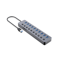 10-poorts USB 3.0 hub met individuele aan/uit-schakelaars, LED, 5Gbps, gevoed via DC 12V 4A, aluminium, voor laptop, desktop computer, meerdere apparaten