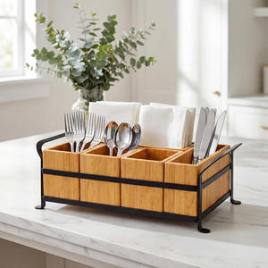 Porte-couverts en bambou avec cadre métallique, organisateur d'ustensiles à 4 compartiments pour comptoir de cuisine - Product Image 1