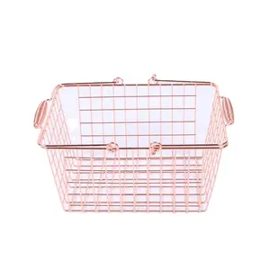 Cesta de metal dourada rosada para armazenamento, cesta para compras com alças, superfície