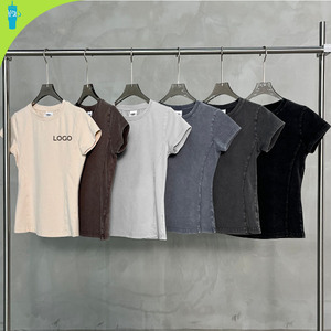 240g ODM Yoga Gym Sports Custom logo Cotton Blend Regular Sleeve Solid Color Vintage Slim-fit Women Summer New Style T Shirts