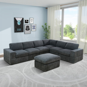 Canapé en velours côtelé gris foncé rétro, pour salon, usage domestique, chaise longue droite, ensemble de meubles complet - Product Image 4