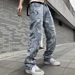 Pantalones vaqueros desgastados para hombre, Jeans desgastados con parche bordado de estilo urbano Chicano personalizado, Y2K, rectos y holgados