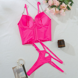 Ensemble de lingerie sexy personnalisé avec soutien-gorge corset à baleines, culotte et short à fines bretelles, col en V, couleur unie, style mode - Product Image 5