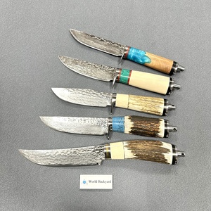 Cuchillo de caza de ciervos para exteriores Damascus, hoja fija de espiga completa con escamas de hueso de ganado, para desollar y supervivencia - Product Image 5