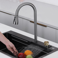 Robinet de cuisine à double trou en acier inoxydable, cascade Fly Rain avec douchette extractible, pour grand lavabo simple