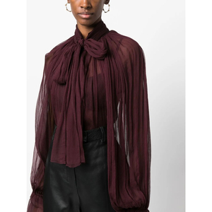 <span class=keywords><strong>Chemise</strong></span> plissée à manches longues de couleur unie rétro pour femmes pour l'automne Vêtements décontractés amples avec <span class=keywords><strong>col</strong></span> à volants Tissu respirant tissé - Product Image 1
