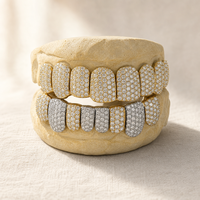 Grillz bicolores sertis de pierres, jaune et argent, ensemble complet supérieur et inférieur, bijoux sur mesure pour hommes et femmes