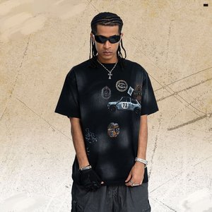 T-shirt noir délavé à l'acide pour homme, motif voiture vintage, manches courtes, streetwear - Product Image 3
