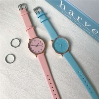 Jam Tangan Wanita Dial Alloy Baru Warna Permen Elegan Tali Kulit Kasual Quartz untuk Wanita