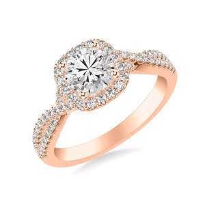 Anillo de boda de oro rosa de 14K con doble halo y pavé, de tallo dividido, con diamante cultivado en laboratorio, corte brillante redondo, certificado IGI, VVS D - Product Image 1