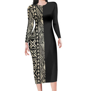 <span class=keywords><strong>Abiti</strong></span> Lunghi Floreali Personalizzati da Donna con Stampa Polinesiana Samoana Motivo delle Isole del Pacifico Abito Aderente a Maniche Lunghe Tribale 2024 - Product Image 1