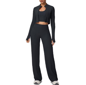 Ensemble de yoga trois pièces personnalisé 2026 grande taille couleur unie avec veste zippée à manches longues, gilet et pantalon droit ample - Product Image 1