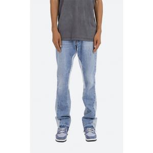 Jean en denim bleu pour homme, coupe slim évasée, avec patchwork contrastant, déchiré et effet empilé - Product Image 3