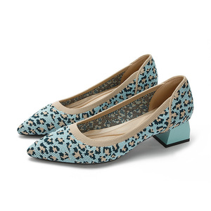 Fashion Trend Formal Summer High Heel <b>Pumps</b> Pointed Toe Breathable Knitted 4cm Thick Heels Hard-Wearing Leopard Print Slip-On - Product Image 5