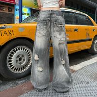 Jean en denim délavé style rétro, coupe large et déchirée, poids lourd, streetwear pour hommes et femmes