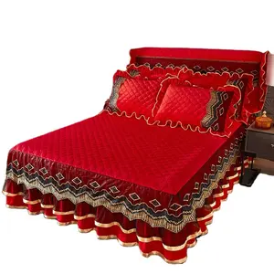 Yatak örtüsü ev yumuşak yatak setleri nakış dantel tasarım kalınlaşmış pamuk kadife yatak örtüleri yatak etek seti