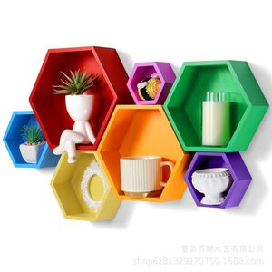 Wooden Hexagonal Wall Mounted <b>Shelf</b> 7 Piece Set Colorful Storage <b>Rack</b> For Kids Room Decoration - Product Image 3