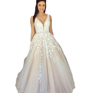 Wedding Dress Floor Length Sleeveless V Neck Ball Gown Tulle Embroidery Ivory White Bridal Dress - Product Image 5