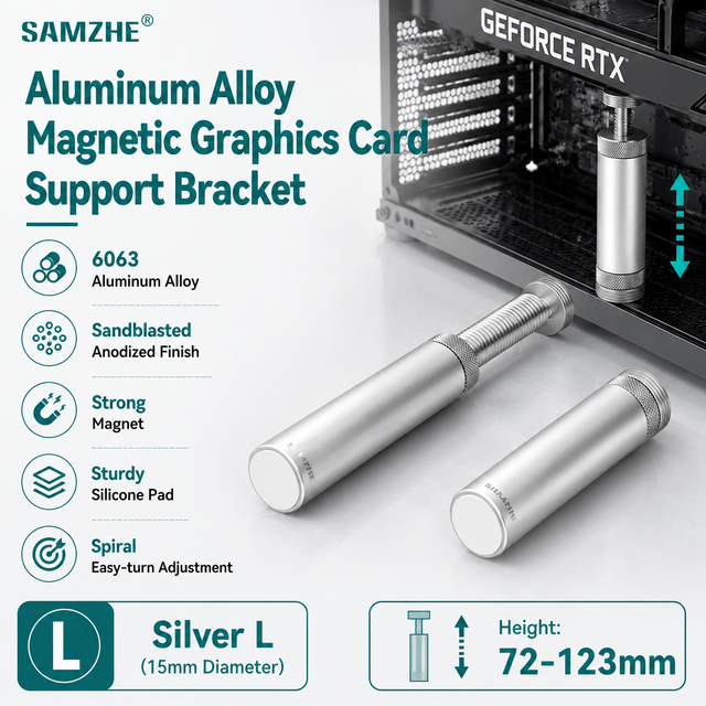 SAMZHE Silver Graphics Card Stand Telescopic Magnetic Suction GPU Bracket Holder for RTX40 Series Freely Adjustment 72-123mm