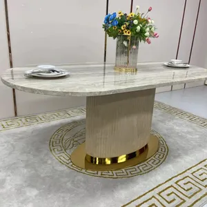 金色不锈钢餐桌带椅子现代餐桌套装8座豪华椭圆形大理石桌面餐桌