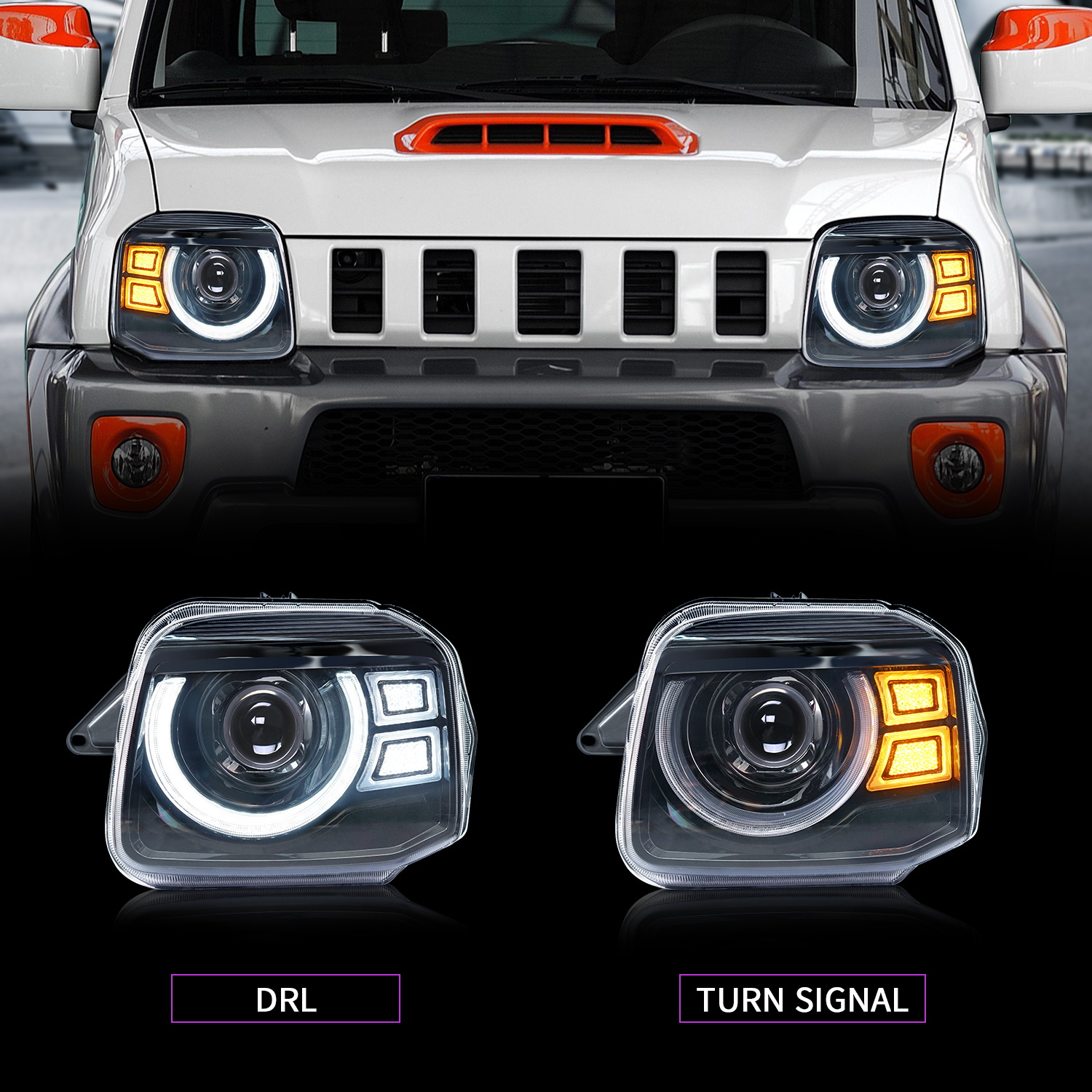 jb23 ジムニー　社外ヘッドライト JB23 ジムニー 流れるLEDウインカー内蔵 10連LEDプロジェクターヘッド