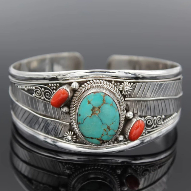 Adjustable Turquoise Carved Openwork Geometric Bracelet Women's Bohemian Western Cuff Bangle for Gifts and Parties