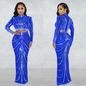 Ensemble deux pièces Lang Jun : Robe longue moulante sexy en maille noire avec estampage à chaud et effet diamant pour spectacles en boîte de nuit et bars - Product Image 4