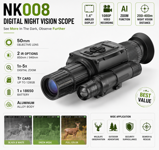 Digital Night Vision Monocular AMOLED Night Vision Device 50mm Objective AI Zoom 1080P Video Recording OEM ODM Supplier