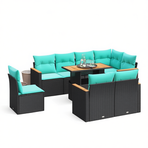 9 Piece Black Poly <b>Rattan</b> Patio <b>Sofa</b> Set With Cushions Garden Outdoor Furniture - Product Image 1