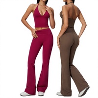 Ensemble de yoga pour femmes en spandex/nylon, respirant, anti-transpiration, extensible dans quatre directions, avec débardeur à col halter et pantalon évasé