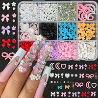 Kit de 12 grilles de breloques pour ongles en forme de nœud, décorations 3D en résine (nœuds, cœurs, lunes et perles), pierres à ongles plates mixtes pour salon et loisirs créatifs