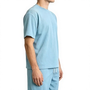 Men Solid Light Blue Ribbed Crew Neck T-Shirt Shorts Set Casual Knit Summer Outfit Breathable Waffle Texture Polyester/Cotton - Product Image 4