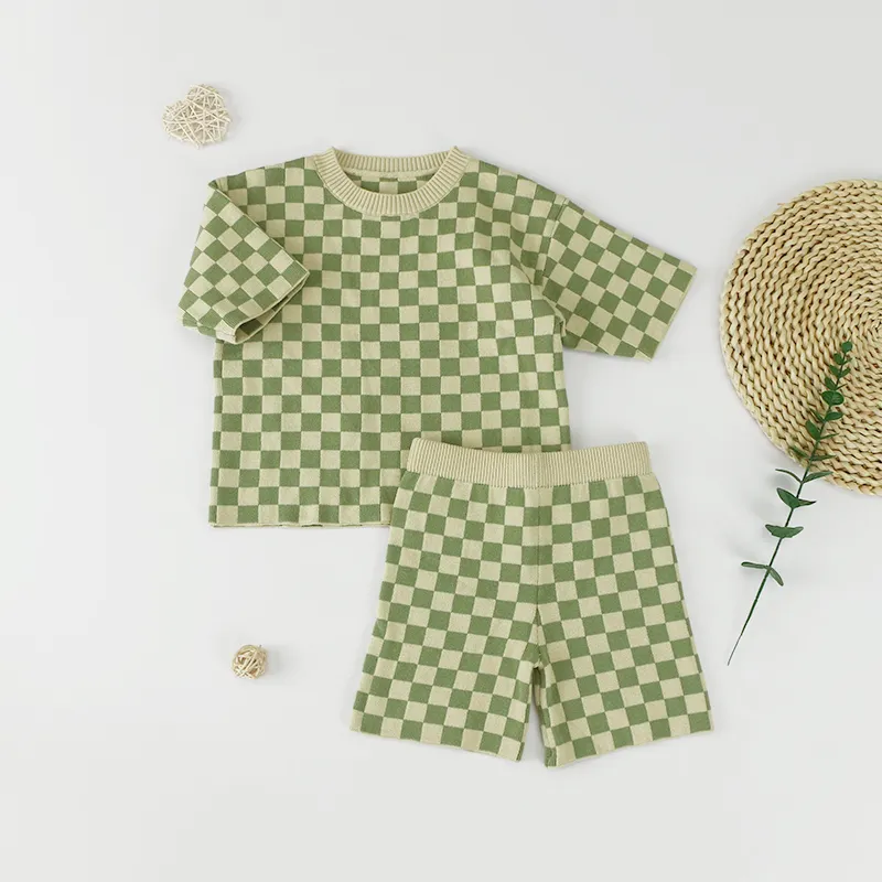 Wholesale Summer baby clothes Fashion Cotton Solid Children checker printed Outfit Kids Clothing Boys' Set