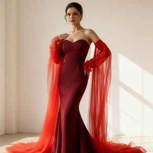 YouLaPan VG136-R Cape de Mariée Longue à Traîne avec Manches Châle, en Maille Rouge Simple Couche, Dentelle Amovible, Confortable à Porter - Product Image 3