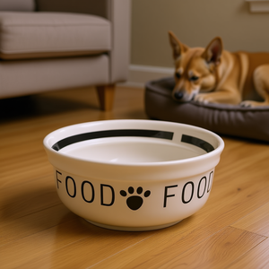 Tazón de cerámica para comida de mascotas de 2.6 L, blanco con diseño de huellas negras para perros y gatos - Product Image 3