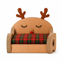 Chaise longue pour chat en carton ondulé, motif renne, avec coussin à carreaux, bois de renne et découpe en forme de patte