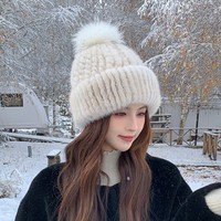 Wintermütze mit dickem, warmem Ohrenschutz für Damen, echtes Nerzfell, handbestickt, gestrickte Mütze, für Ski, Alltag, Outdoor, Reisen, Freizeit, XINBY