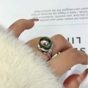 <b>Peacock</b> Green Tahitian Black Ring Simple Silver Holder S92512-13mm Rose Gold Inlay for Fashionable Daily Commuting Date Party - Product Image 2