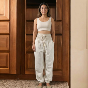 Pantalon de yoga pour femme en mélange de chanvre et de coton, style sarouel, longueur cheville, ODM, décontracté d'été, taille mi-haute élastique avec cordon de serrage, antistatique - Product Image 6